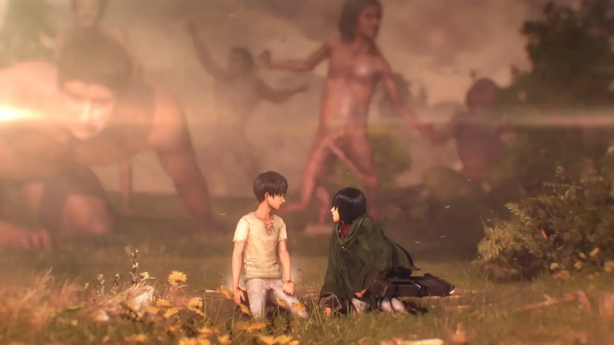 Eren dan Mikasa di tengah para Titan dalam game Attack on Titan 3