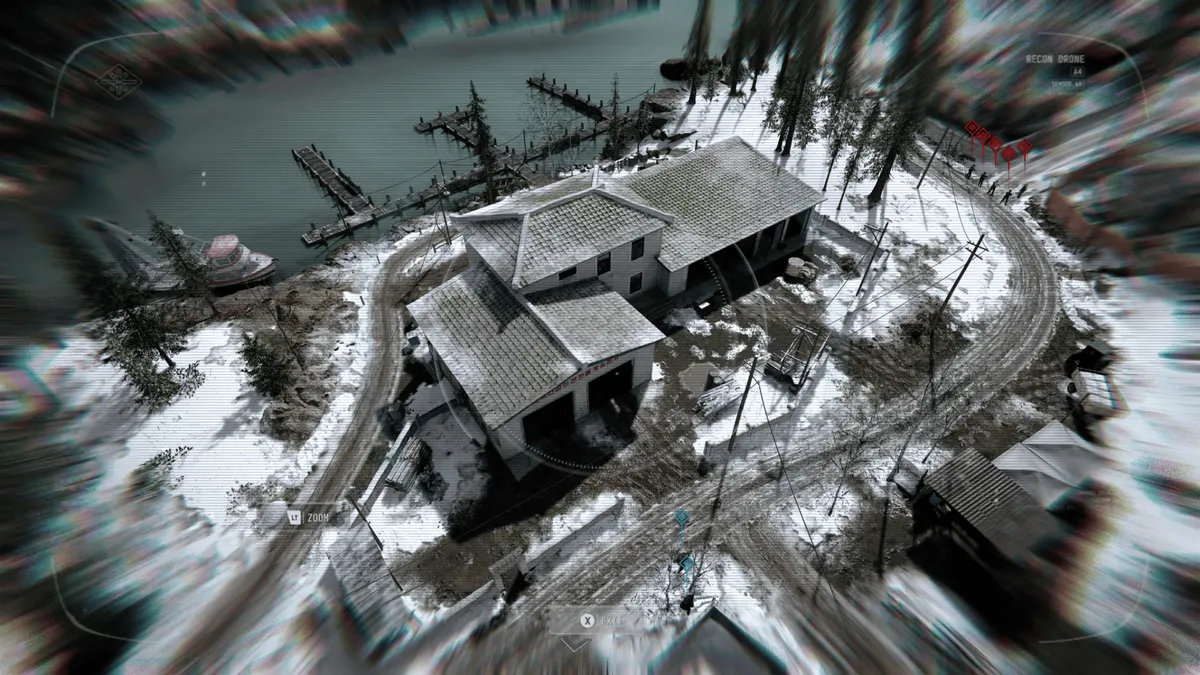Pandangan udara area bersalju pada misi open-world campaign Call of Duty Modern Warfare 4