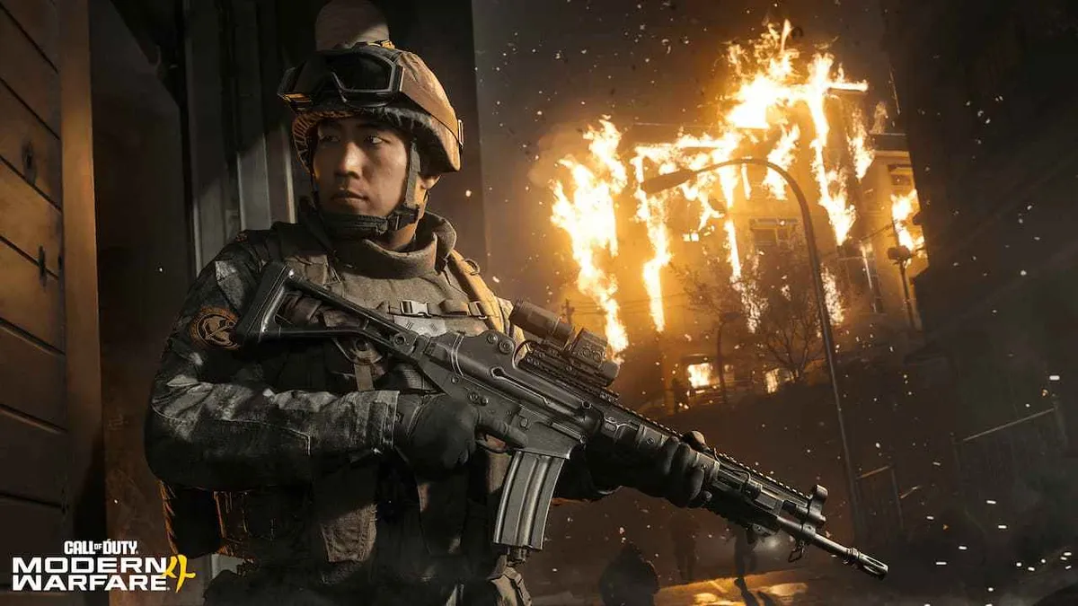 Prajurit di tengah gedung terbakar dalam campaign Call of Duty Modern Warfare 4