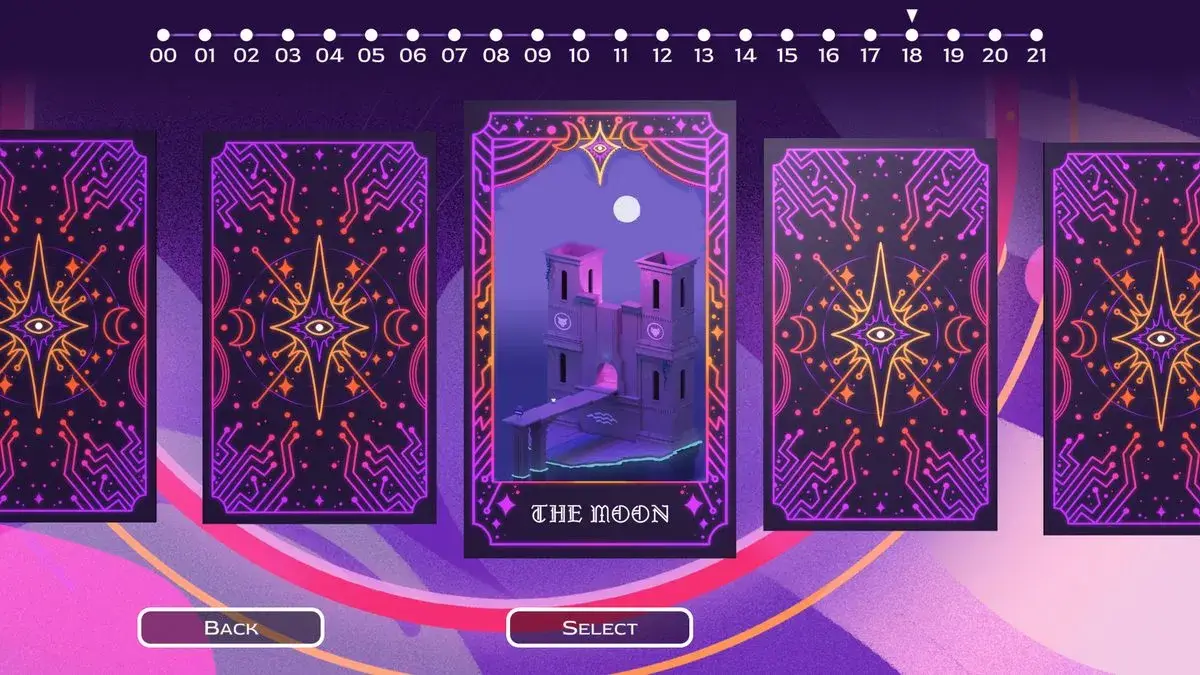 Layar pemilihan kartu tarot di Cartomancy Anthology gratis di Steam