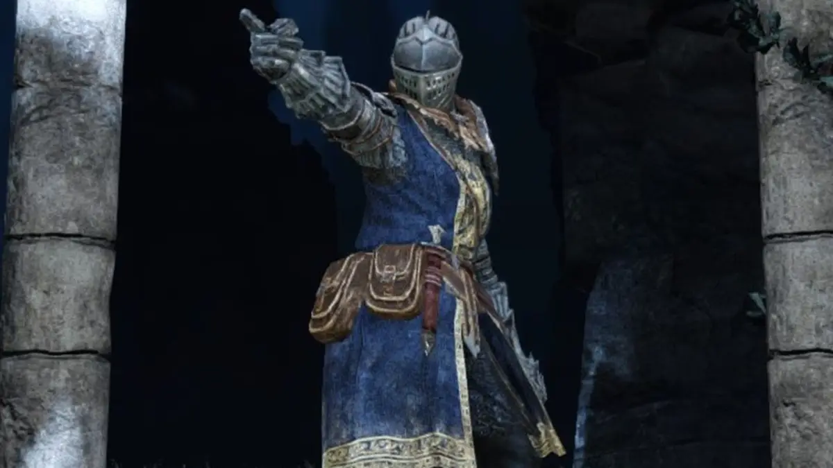 Ksatria Dark Souls 2 menunjuk ke depan, ilustrasi Dark Souls 2 Seamless Co-op