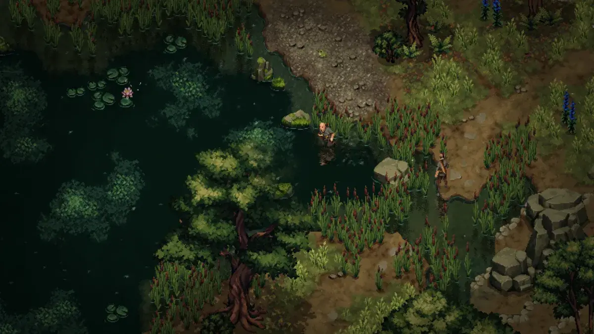 Screenshot Drova II Torn Lands di Steam, area rawa dengan pixel art