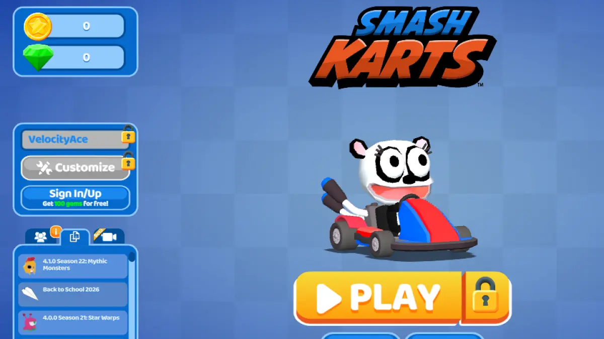 Menu utama Smash Karts, game browser gratis untuk balapan penuh item