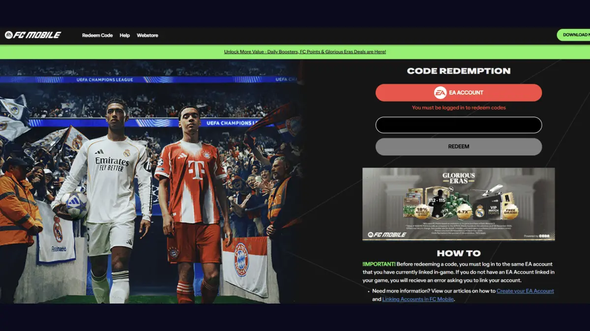 Halaman redeem resmi EA untuk kode redeem FC Mobile