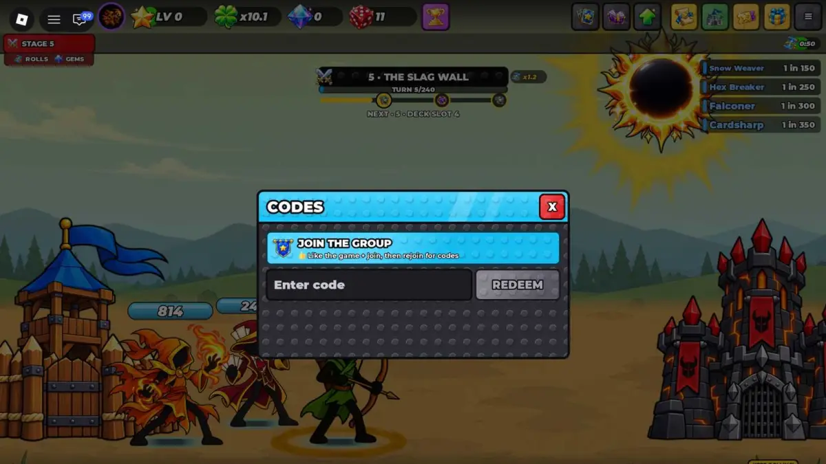 Jendela kode Roll a Stickman di Roblox lengkap dengan kolom redeem
