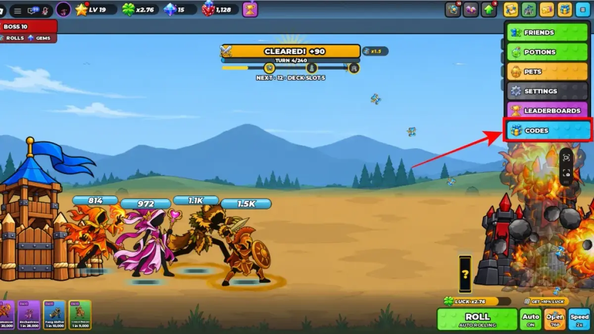 Letak menu Codes untuk redeem kode Roll a Stickman