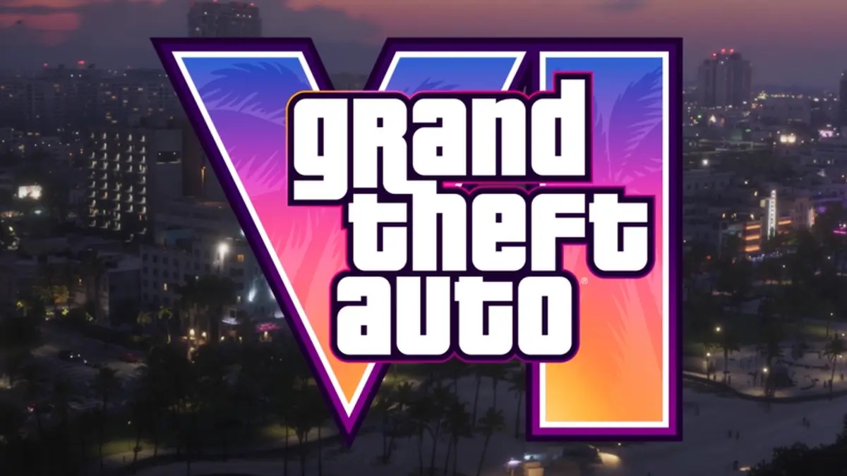 Logo GTA 6 di atas kota malam, cerita cuti GTA 6 di kantor dan toko