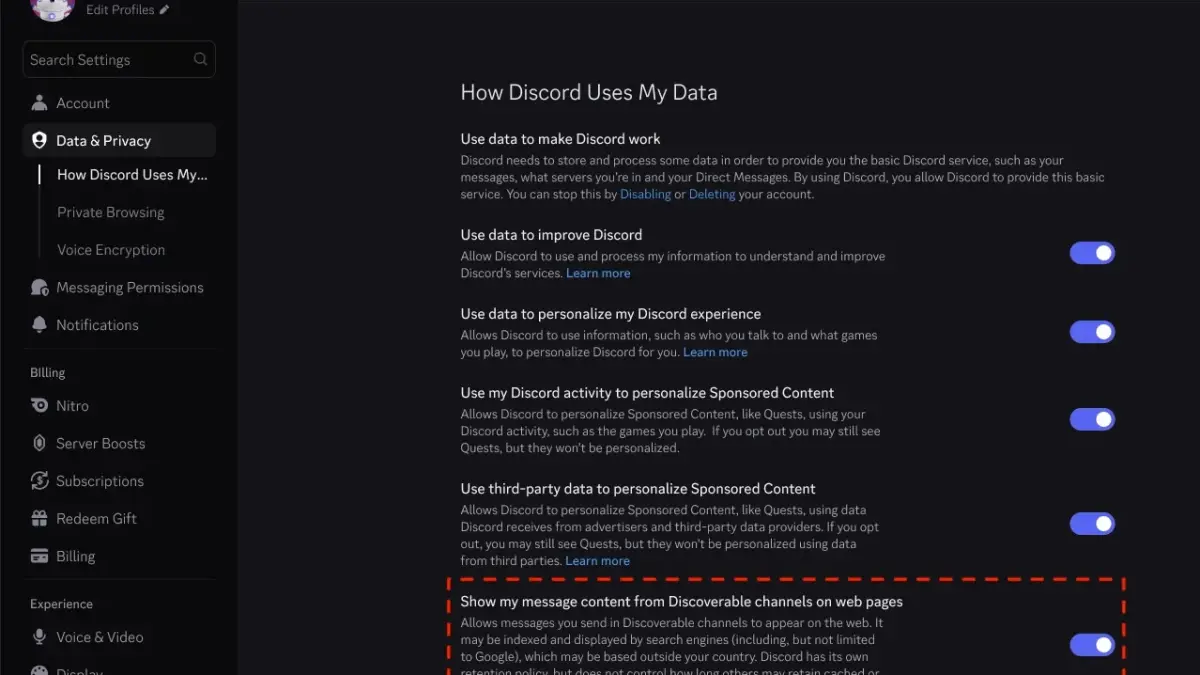 Opsi opt-out member agar pesan server Discord tidak bisa dicari di Google
