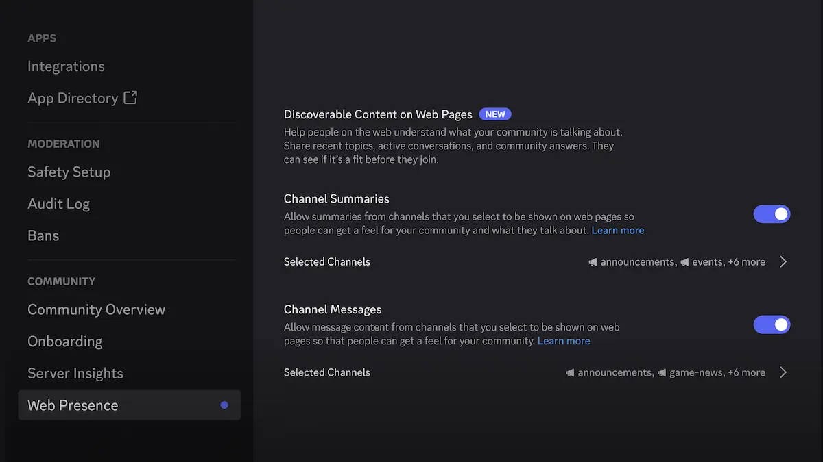 Pengaturan Web Presence admin agar pesan server Discord bisa dicari di Google