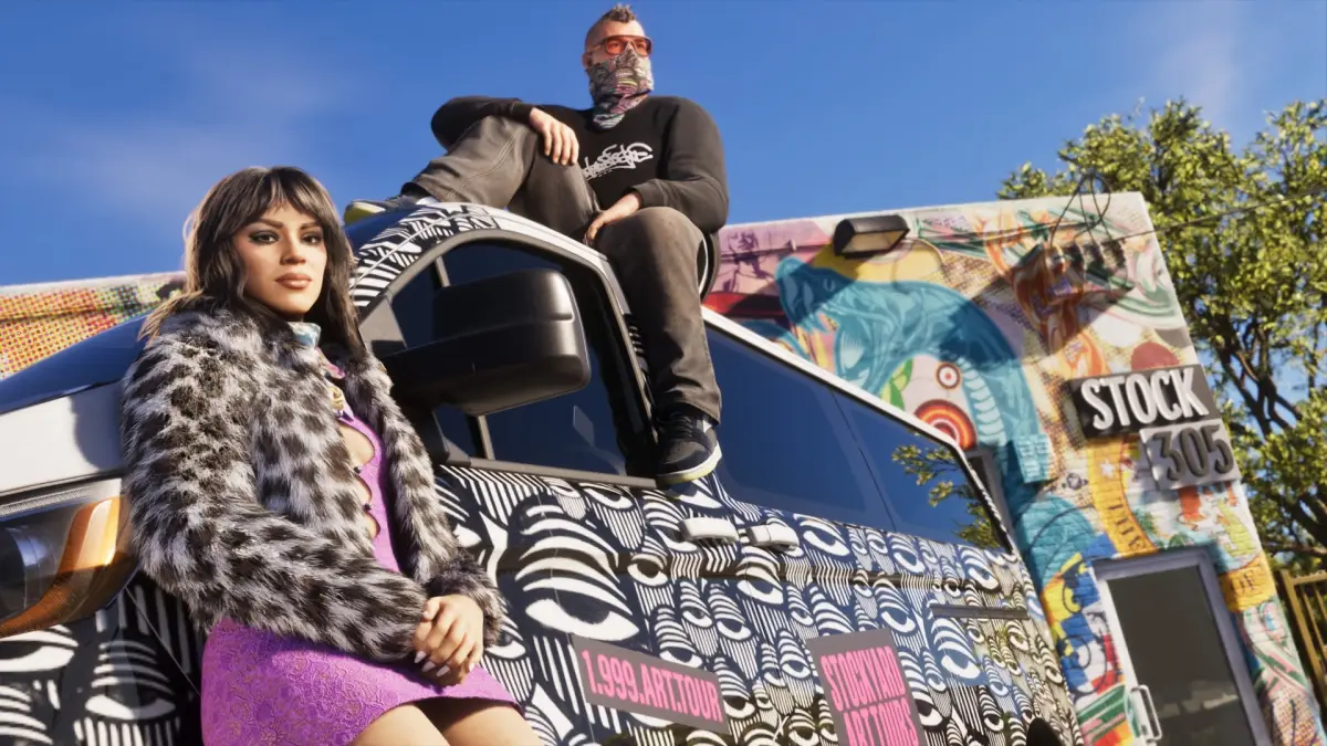 Pre-order GTA 6 per platform, karakter GTA 6 berpose di atas van bergrafiti