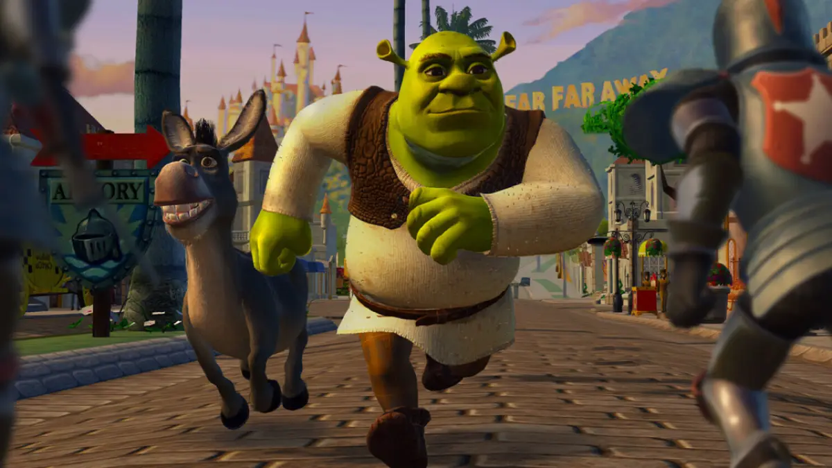 Shrek dan Donkey berlari di Far Far Away dalam Shrek 2 Remastered