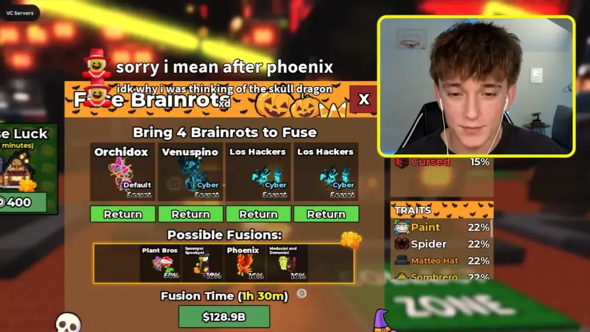 Tampilan gameplay event Halloween di Steal a Brainrot, tempat Skelly and Coffy hadir