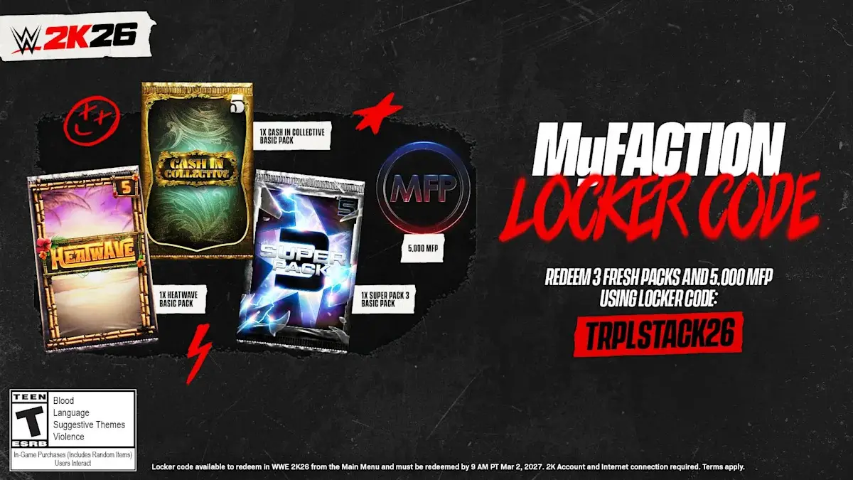 Promo resmi kode TRPLSTACK26 salah satu WWE 2K26 locker codes MyFACTION